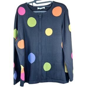 CJ Banks 1X Black Full Zip Cardigan Multi-Color Dot Print Plus Size Playful